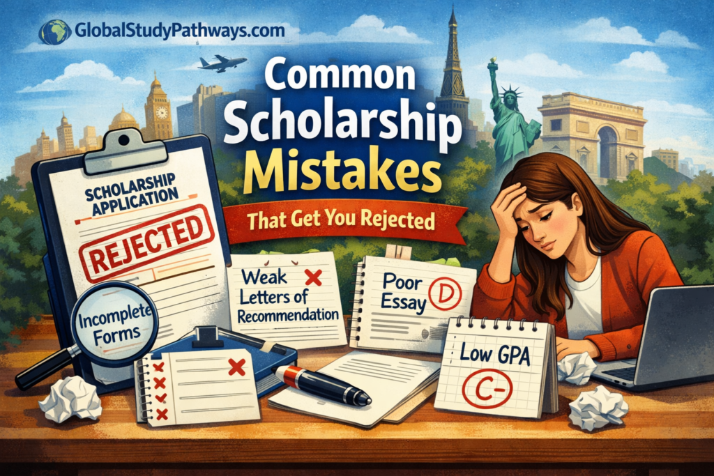 A woman on a desk with laptop and words of common Scholarship Application Mistakes