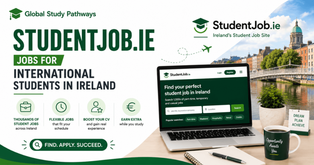 StudentJob.ie jobs for international students in Ireland banner featuring Global Study Pathways branding, green-themed design, StudentJob.ie website interface on a laptop, Dublin cityscape background, and icons highlighting flexible student jobs, career experience, and earning opportunities in Ireland.