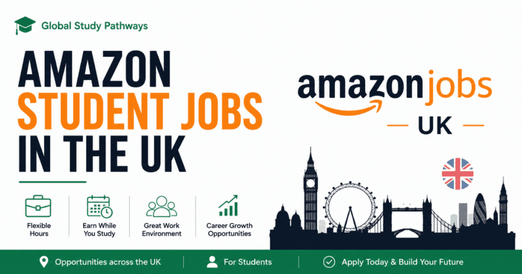 Amazon Student Jobs in the UK promotional banner featuring Global Study Pathways branding, Amazon Jobs UK logo, UK skyline graphics, and student work opportunity icons on a clean white background.