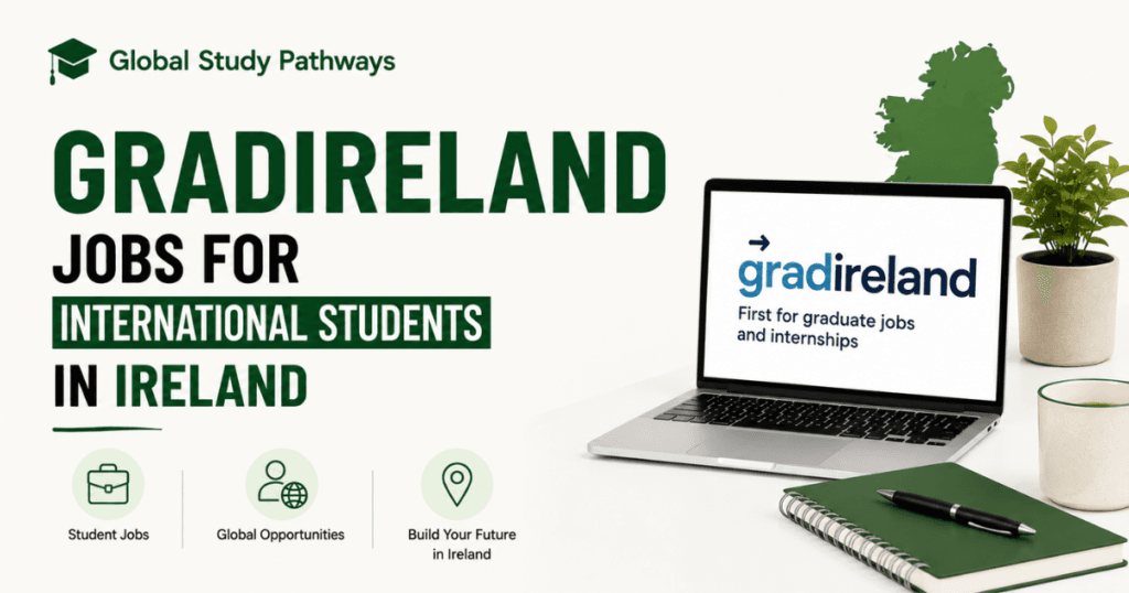 Banner for international students in Ireland featuring Global Study Pathways branding, green and white colour scheme, GradIreland logo displayed on a laptop screen, workspace desk elements, and icons representing student jobs, global opportunities, and career growth in Ireland.