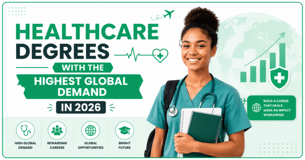 Healthcare Degrees with the Highest Global Demand in 2026 banner featuring a healthcare student in medical scrubs holding notebooks, alongside green healthcare and career growth icons, highlighting global healthcare education opportunities and in-demand medical careers.