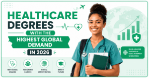 Healthcare Degrees with the Highest Global Demand in 2026 banner featuring a healthcare student in medical scrubs holding notebooks, alongside green healthcare and career growth icons, highlighting global healthcare education opportunities and in-demand medical careers.