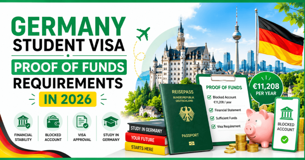 Vibrant infographic banner for Germany student visa proof of funds requirements in 2026 featuring German landmarks, passport, blocked account checklist, euro currency icons, piggy bank, and bold green-themed text on a white background with green borders.