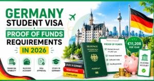 Vibrant infographic banner for Germany student visa proof of funds requirements in 2026 featuring German landmarks, passport, blocked account checklist, euro currency icons, piggy bank, and bold green-themed text on a white background with green borders.