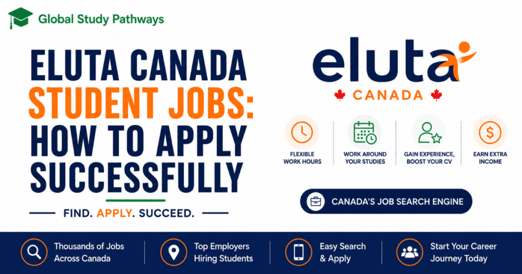 Minimalist promotional banner for Eluta Canada student jobs featuring Global Study Pathways branding, bold navy and orange typography, career icons, and a clean white layout highlighting flexible student job opportunities in Canada.