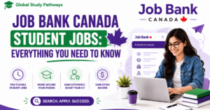 Job Bank Canada student jobs promotional banner featuring Global Study Pathways branding, green and purple themed design, a student using a laptop, job search icons, and information about flexible student jobs in Canada