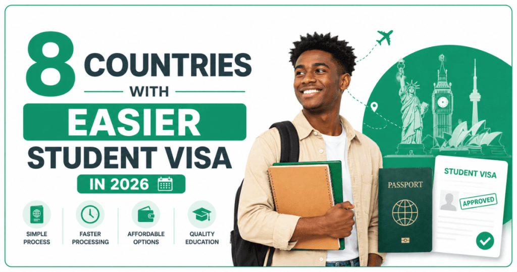 A smiling student with books in his hands and beside is a banner that reads 8 Countries with Easier Student Visas in 2026.