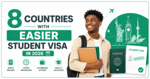 A smiling student with books in his hands and beside is a banner that reads 8 Countries with Easier Student Visas in 2026.