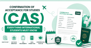 Green and white blog banner for international students featuring bold text ‘Confirmation of Acceptance for Studies (CAS): Everything International Students Must Know’ alongside a CAS for UK student visa document, passport, graduation icons, and study abroad graphics.