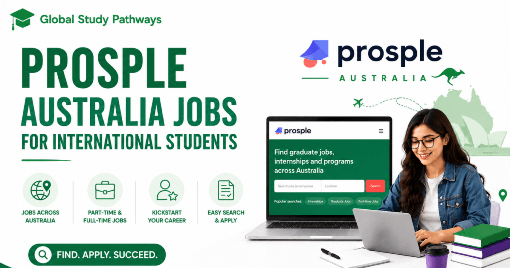 promotional banner for international students featuring Global Study Pathways branding, green-themed design, a student using a laptop, Prosple Australia logo, and icons highlighting flexible student job opportunities in Australia.