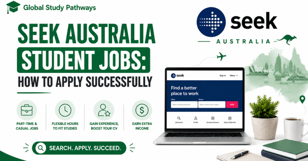 SEEK Australia student jobs banner featuring Global Study Pathways branding, green-themed design, SEEK Australia logo, laptop job search interface, and icons highlighting flexible student work opportunities in Australia