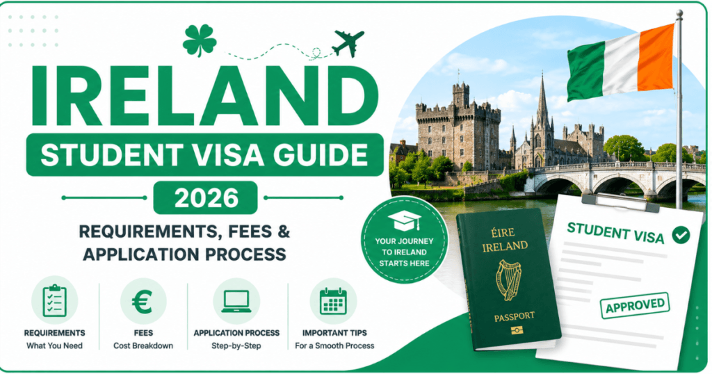 Ireland Student Visa Guide 2026 banner featuring green and white design elements, Irish landmarks, an Irish flag, passport, and approved student visa document with text about requirements, fees, and application process