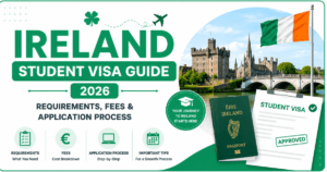 Ireland Student Visa Guide 2026 banner featuring green and white design elements, Irish landmarks, an Irish flag, passport, and approved student visa document with text about requirements, fees, and application process