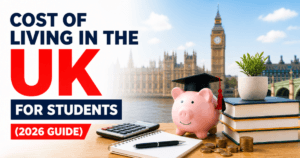 The words: cost of living in the UK written in bold letters and a calculator, piggy bank with a graduation hat and coins are on the table