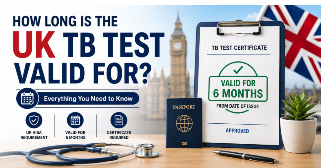 The words: How Long Is the UK TB Test Valid For? with a UK flag, stethoscope and a medical chart.