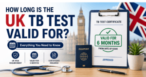 The words: How Long Is the UK TB Test Valid For? with a UK flag, stethoscope and a medical chart.