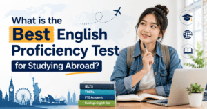 An image of a student with a laptop and the words What is the Best English Proficiency Test for Studying Abroad?