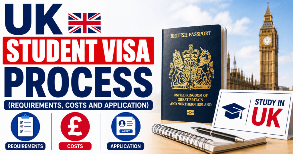 Alt text: “Banner image for a blog post about the UK student visa process showing bold text reading ‘UK Student Visa Process (Requirements, Costs and Application)’ beside a British passport, Big Pen, and study abroad icons.”