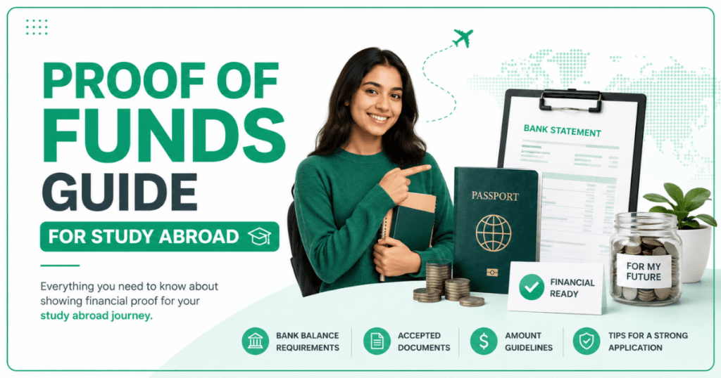 A smiling student holding books beside a passport, bank statement, and savings jar, with bold green text reading ‘Proof of Funds Guide for Study Abroad’ on a white and green background.