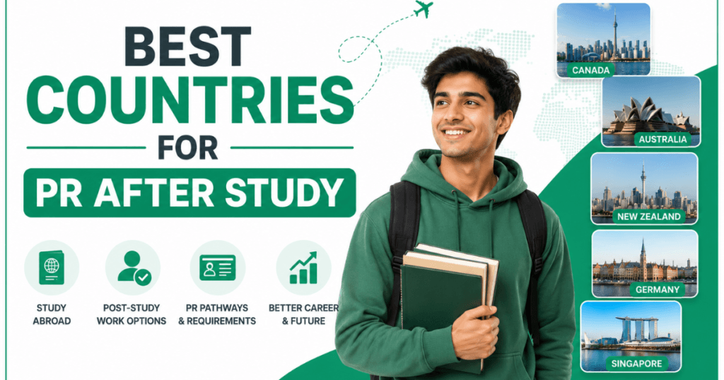 A smiling male student holding books beside bold green text reading ‘Best Countries for Permanent Residency After Study,’ with country highlights including Canada, Australia, New Zealand, Germany, and Singapore on a white and green background.