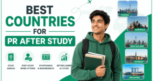 A smiling male student holding books beside bold green text reading ‘Best Countries for Permanent Residency After Study,’ with country highlights including Canada, Australia, New Zealand, Germany, and Singapore on a white and green background.