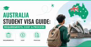 Australia student visa with the image of a student, mao and Australian icon