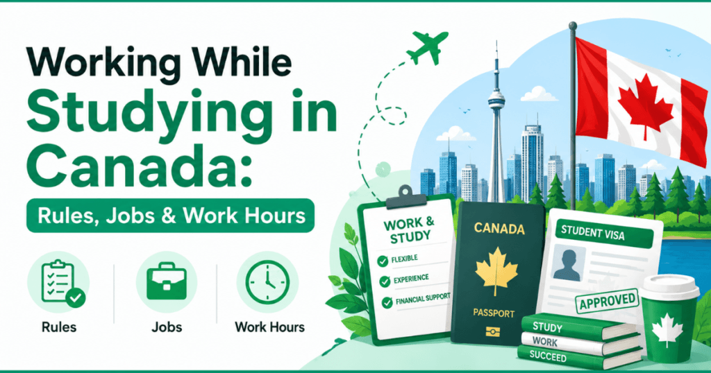 Banner about working while studying in Canada featuring green-themed text, Canadian skyline, maple leaf flag, student visa documents, passport, work and study checklist, and icons for rules, jobs, and work hours on a white background with green borders.