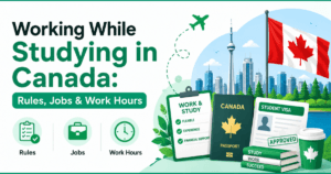 Banner about working while studying in Canada featuring green-themed text, Canadian skyline, maple leaf flag, student visa documents, passport, work and study checklist, and icons for rules, jobs, and work hours on a white background with green borders.