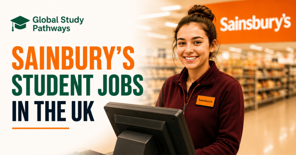 Sainsbury's student Jobs in the UK banner with a student smiling at the side