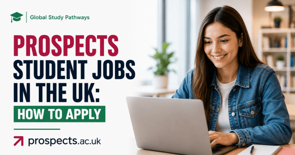 A banner with the words: Prospects Student Jobs in the UK: How to Apply beside a student with a laptop on the table.