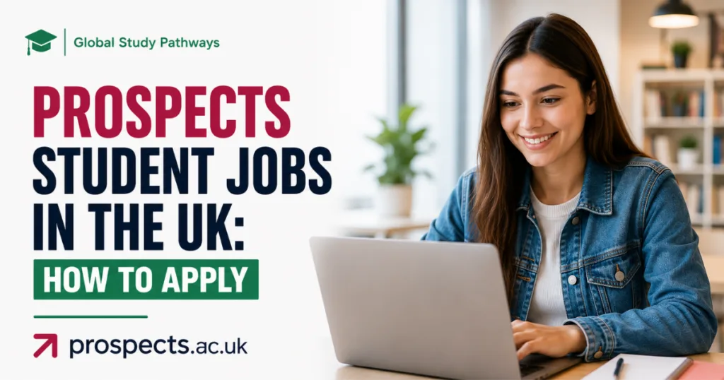 A banner with the words: Prospects Student Jobs in the UK: How to Apply beside a student with a laptop on the table.