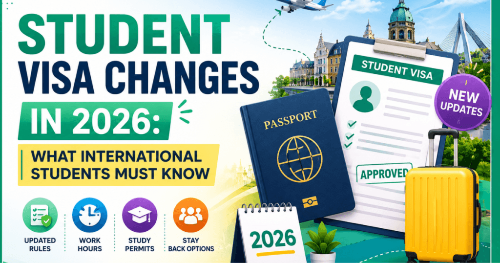 Colorful blog banner about student visa changes in 2026 featuring a passport, student visa document, airplane, travel suitcase, calendar, and study icons in green, blue, yellow, and purple tones with the headline ‘Student Visa Changes in 2026: What International Students Must Know