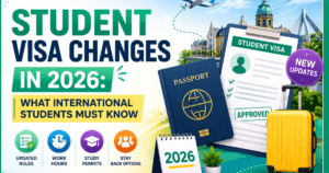 Colorful blog banner about student visa changes in 2026 featuring a passport, student visa document, airplane, travel suitcase, calendar, and study icons in green, blue, yellow, and purple tones with the headline ‘Student Visa Changes in 2026: What International Students Must Know