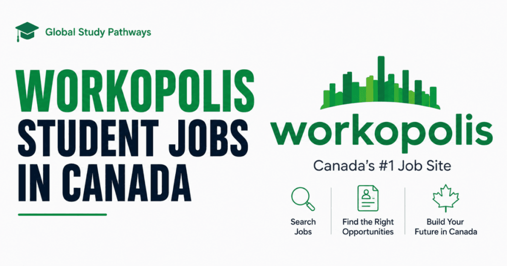 Banner for Workopolis student jobs in Canada featuring the Global Study Pathways branding, bold green and dark blue text on a white background, the Workopolis logo, and career-themed icons highlighting job opportunities for students in Canada.