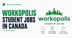Banner for Workopolis student jobs in Canada featuring the Global Study Pathways branding, bold green and dark blue text on a white background, the Workopolis logo, and career-themed icons highlighting job opportunities for students in Canada.