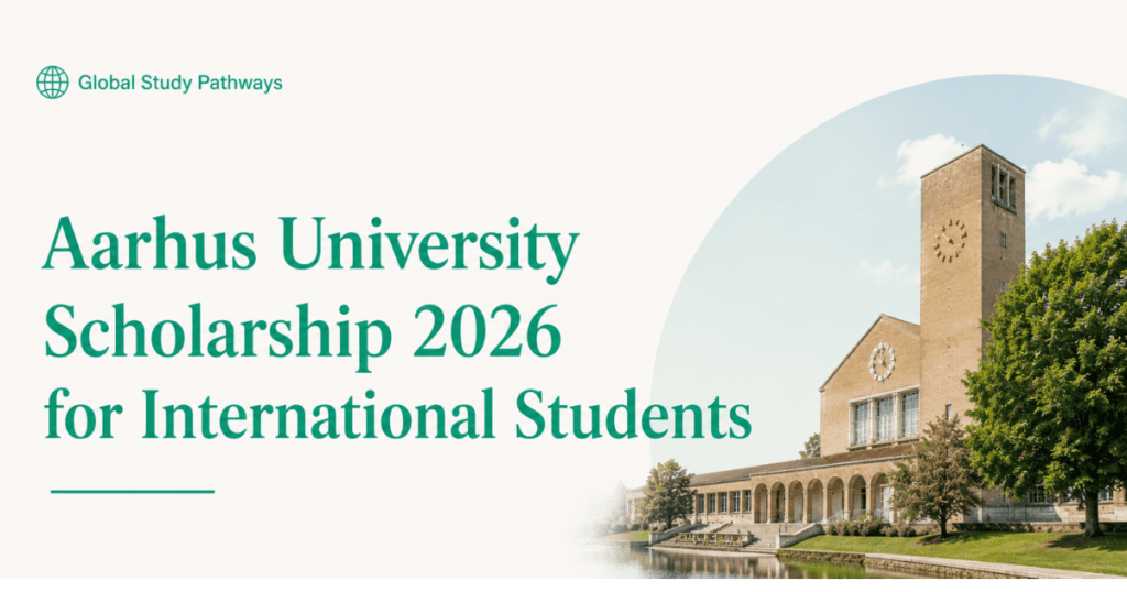 The right side is a photograph of Aarhus University's iconic campus building and clock tower surrounded by trees and a reflective pond, creating a professional and modern study-abroad themed banner for Aarhus University Scholarship 2026 for International Students.