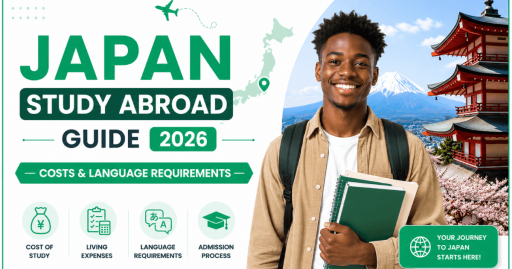 Japan Study Abroad Guide 2026 banner featuring an African student holding notebooks in front of Mount Fuji and a traditional Japanese pagoda, with information on study costs, living expenses, language requirements, and the admission process for international students.