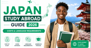 Japan Study Abroad Guide 2026 banner featuring an African student holding notebooks in front of Mount Fuji and a traditional Japanese pagoda, with information on study costs, living expenses, language requirements, and the admission process for international students.