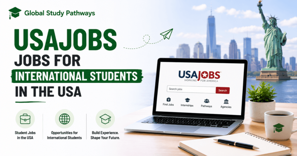 A banner for global study pathways with the words: USAJOBS Jobs for International Students in the USA. On the side is a laptop on the table with USAJOBS on it and a pen and paper with a flower vase on the table.
