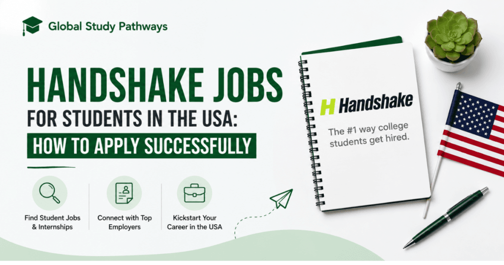 A banner for global study pathways featuring Handshake Jobs for Students in the USA: How to Apply Successfully and on the side a note pad with the words handshake written on it.