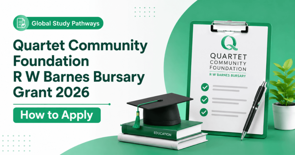 Quartet Community Foundation R W Barnes Bursary Grant 2026 – How to Apply” against a modern, professional background suitable for scholarship and grant-related content.