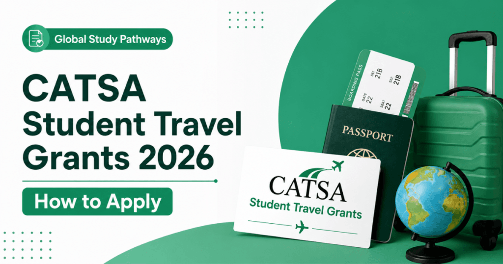 A banner for Global Study Pathways for CATSA Student Travel Grants 2026 - How to Apply. At the side is a travel bag and passport.