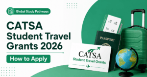 A banner for Global Study Pathways for CATSA Student Travel Grants 2026 - How to Apply. At the side is a travel bag and passport.
