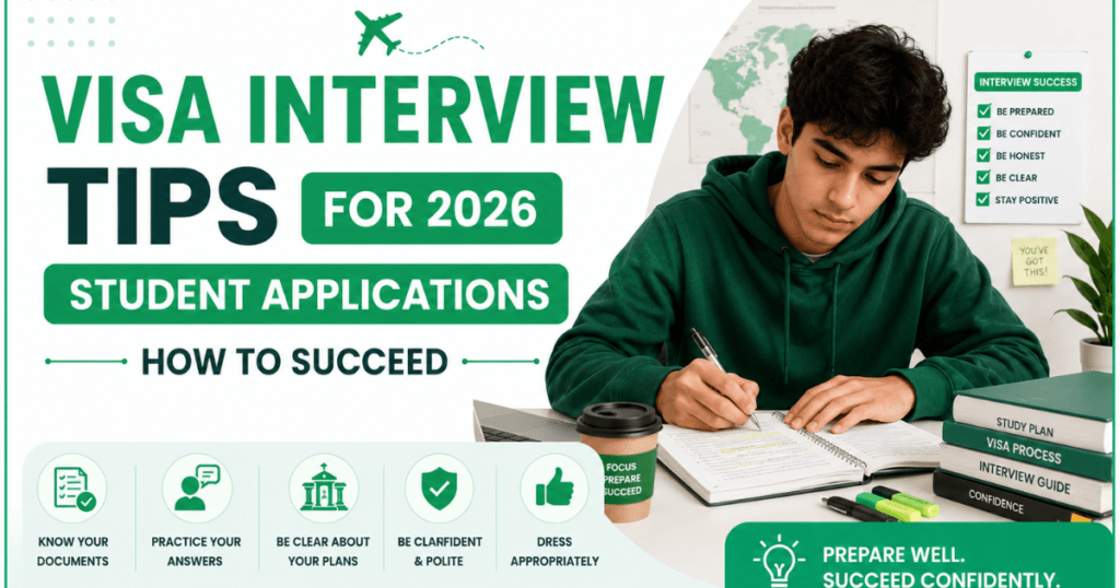 Visa Interview Tips for 2026 Student Applications banner featuring a student studying for an exam, taking notes at a desk with books and study materials, alongside guidance on visa interview preparation, confidence, and application success