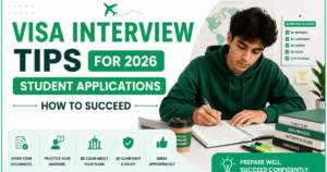 Visa Interview Tips for 2026 Student Applications banner featuring a student studying for an exam, taking notes at a desk with books and study materials, alongside guidance on visa interview preparation, confidence, and application success