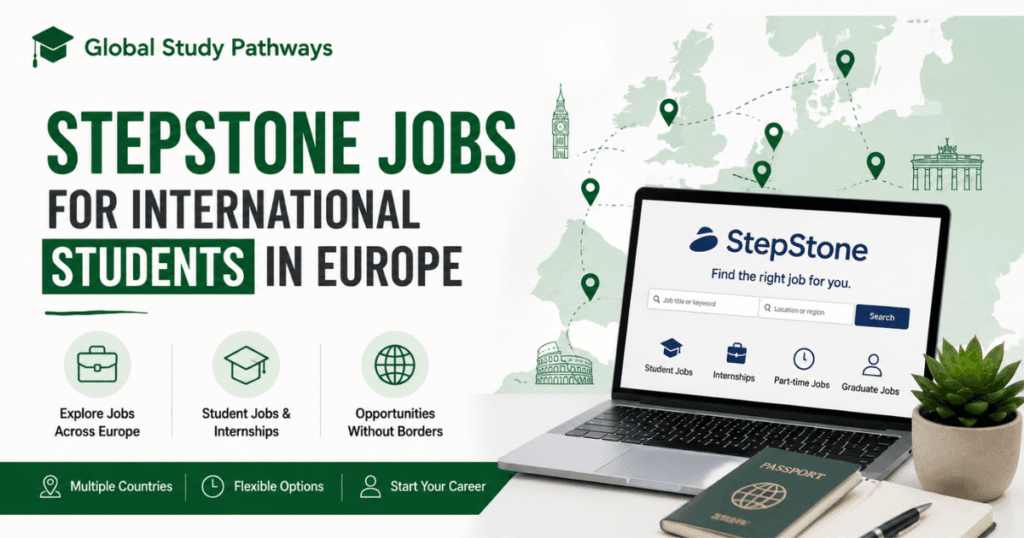 Banner for global study pathways to indicate StepStone Jobs for International Students in Europe with a laptop and passport on the table.