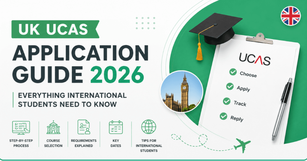 UK UCAS Application Guide 2026 banner featuring a UCAS application checklist, graduation cap, Big Ben, UK flag, and study abroad icons on a green and white background, providing essential information for international students applying to UK universities.
