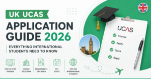 UK UCAS Application Guide 2026 banner featuring a UCAS application checklist, graduation cap, Big Ben, UK flag, and study abroad icons on a green and white background, providing essential information for international students applying to UK universities.