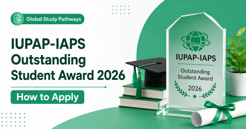 IUPAP-IAPS Outstanding Student Award 2026 featured image with Global Study Pathways branding, graduation cap, books, diploma, and award trophy in a green and white design.