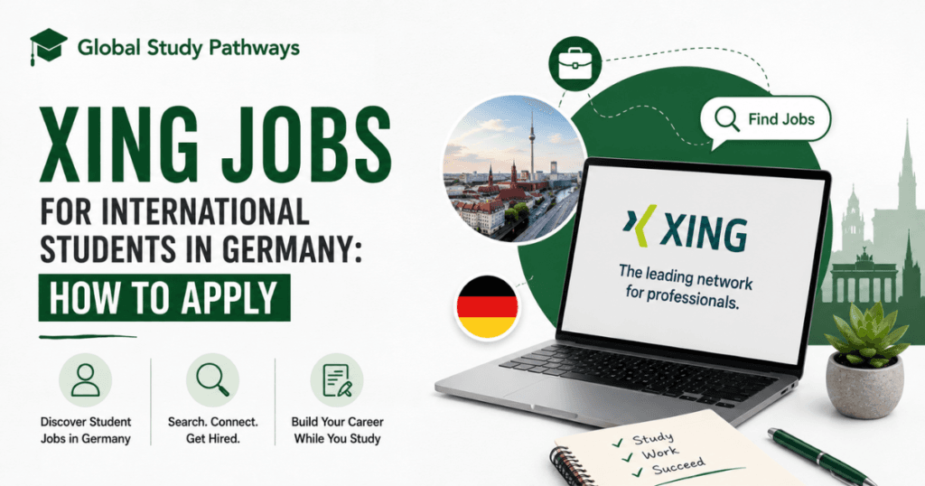 XING jobs for international students in Germany banner featuring Global Study Pathways branding, XING logo, Germany-themed graphics, and student job search information.